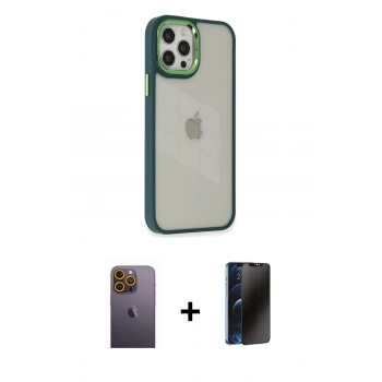 MARSİLYAN™- iPhone 12 Pro Max Kılıf Eksen Doku Prime - Siyah 3D Antistatik Hayalet Cam Ekran Koruyucu + Neon Fosforlu Kamera Lens - SI