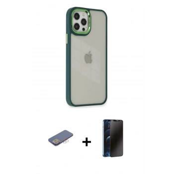 MARSİLYAN™- iPhone 12 Pro Max Kılıf Eksen Doku Prime - Siyah 3D Antistatik Hayalet Cam Ekran Koruyucu + Renkli Kamera Lens Koruma Cam - PE