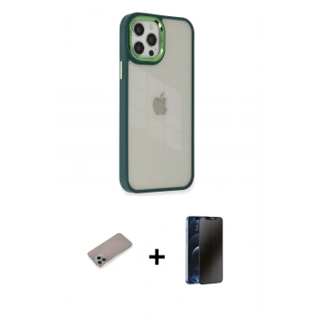 MARSİLYAN™- iPhone 12 Pro Max Kılıf Eksen Doku Prime - Siyah 3D Antistatik Hayalet Cam Ekran Koruyucu + Shine Kamera Lens Koruma Cam - SABE