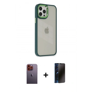 MARSİLYAN™- iPhone 12 Pro Max Kılıf Eksen Doku Prime - Siyah 3D Antistatik Hayalet Cam Ekran Koruyucu + Neon Fosforlu Kamera Lens - TU