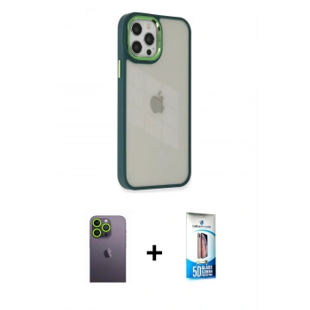 MARSİLYAN™- iPhone 12 Pro Max Kılıf Eksen Doku Prime - Siyah 5D Eko Cam Ekran Koruyucu + Neon Fosforlu Kamera Lens - YL
