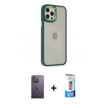 MARSİLYAN™- iPhone 12 Pro Max Kılıf Eksen Doku Prime - Siyah 5D Eko Cam Ekran Koruyucu + Neon Fosforlu Kamera Lens - BZ