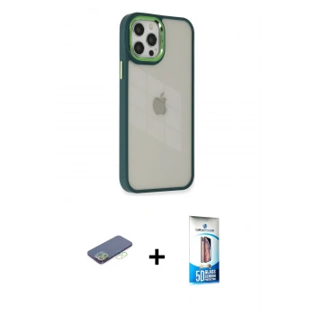 MARSİLYAN™- iPhone 12 Pro Max Kılıf Eksen Doku Prime - Siyah 5D Eko Cam Ekran Koruyucu + Renkli Kamera Lens Koruma Cam - YL