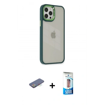 MARSİLYAN™- iPhone 12 Pro Max Kılıf Eksen Doku Prime - Siyah 5D Eko Cam Ekran Koruyucu + Renkli Kamera Lens Koruma Cam - MI