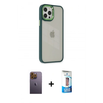 MARSİLYAN™- iPhone 12 Pro Max Kılıf Eksen Doku Prime - Siyah 5D Eko Cam Ekran Koruyucu + Neon Fosforlu Kamera Lens - SI