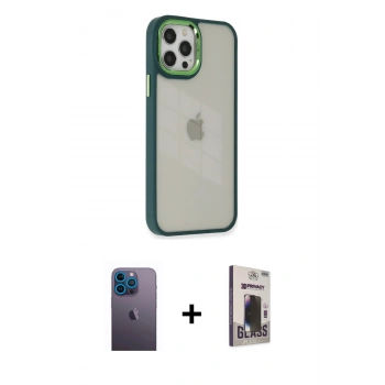 MARSİLYAN™- iPhone 12 Pro Max Kılıf Eksen Doku Prime - Siyah Bilvis Hayalet Cam Ekran Koruyucu + Neon Fosforlu Kamera Lens - MI