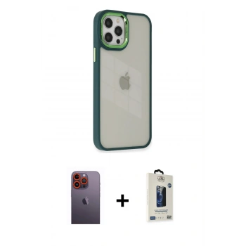 MARSİLYAN™- iPhone 12 Pro Max Kılıf Eksen Doku Prime - Siyah Bilvis Hayalet Cam Ekran Koruyucu + Neon Fosforlu Kamera Lens - TU