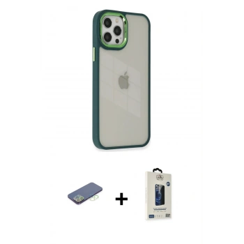 MARSİLYAN™- iPhone 12 Pro Max Kılıf Eksen Doku Prime - Siyah Bilvis Hayalet Cam Ekran Koruyucu + Renkli Kamera Lens Koruma Cam - YL