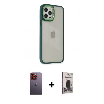 MARSİLYAN™- iPhone 12 Pro Max Kılıf Eksen Doku Prime - Siyah Bilvis Hayalet Cam Ekran Koruyucu + Neon Fosforlu Kamera Lens - TU