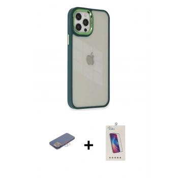 MARSİLYAN™- iPhone 12 Pro Max Kılıf Eksen Doku Prime - Siyah Joko 5D Cam + Renkli Kamera Lens Koruma Cam - PE