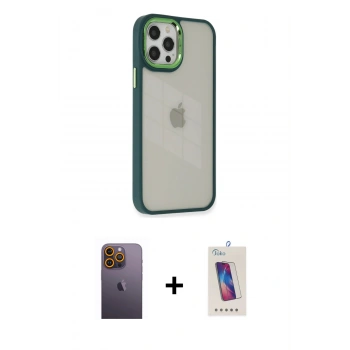 MARSİLYAN™- iPhone 12 Pro Max Kılıf Eksen Doku Prime - Siyah Joko 5D Cam + Neon Fosforlu Kamera Lens - SI