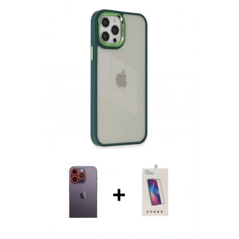 MARSİLYAN™- iPhone 12 Pro Max Kılıf Eksen Doku Prime - Siyah Joko 5D Cam + Neon Fosforlu Kamera Lens - TU