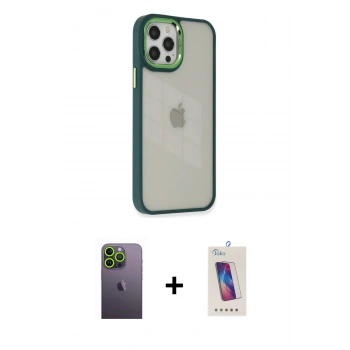 MARSİLYAN™- iPhone 12 Pro Max Kılıf Eksen Doku Prime - Siyah Joko 5D Cam + Neon Fosforlu Kamera Lens - YL