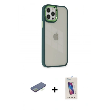 MARSİLYAN™- iPhone 12 Pro Max Kılıf Eksen Doku Prime - Siyah Joko 5D Cam + Renkli Kamera Lens Koruma Cam - YL