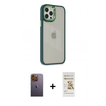 MARSİLYAN™- iPhone 12 Pro Max Kılıf Eksen Doku Prime - Siyah Mat Seramik Nano Ekran Koruyucu + Neon Fosforlu Kamera Lens - SI