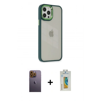 MARSİLYAN™- iPhone 12 Pro Max Kılıf Eksen Doku Prime - Siyah Polymer Nano Ekran Koruyucu + Neon Fosforlu Kamera Lens - SI