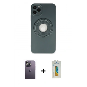 MARSİLYAN™- iPhone 12 Pro Max Kılıf Eksen Klasik Prime - Siyah Polymer Nano Ekran Koruyucu + Neon Fosforlu Kamera Lens - BZ