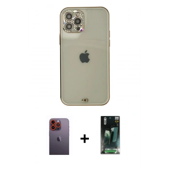 MARSİLYAN™- iPhone 12 Pro Max Kılıf Eksen Minimal Koleksiyonu - Şeffaf 360 Full Body Arka Koruyucu + Neon Fosforlu Kamera Lens - TU