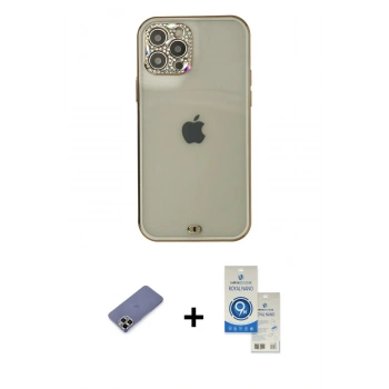 MARSİLYAN™- iPhone 12 Pro Max Kılıf Eksen Minimal Koleksiyonu - Şeffaf Royal Nano Ekran Koruyucu + Metal Kamera Lens Koruma Cam - GD
