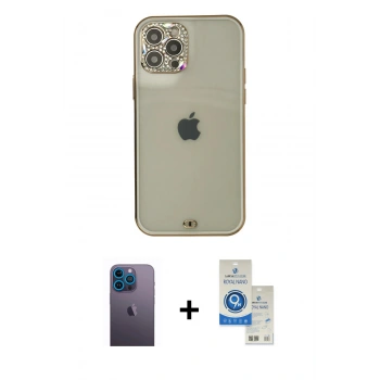 MARSİLYAN™- iPhone 12 Pro Max Kılıf Eksen Minimal Koleksiyonu - Şeffaf Royal Nano Ekran Koruyucu + Neon Fosforlu Kamera Lens - MI