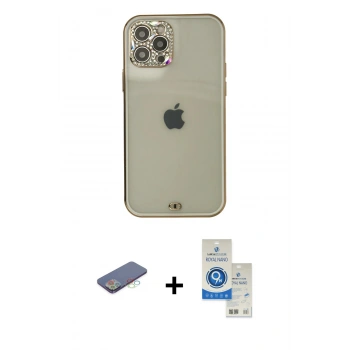 MARSİLYAN™- iPhone 12 Pro Max Kılıf Eksen Minimal Koleksiyonu - Şeffaf Royal Nano Ekran Koruyucu + Renkli Kamera Lens Koruma Cam - MI