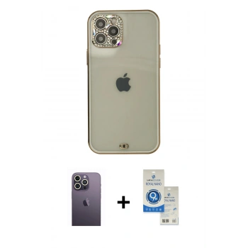 MARSİLYAN™- iPhone 12 Pro Max Kılıf Eksen Minimal Koleksiyonu - Şeffaf Royal Nano Ekran Koruyucu + Neon Fosforlu Kamera Lens - BZ