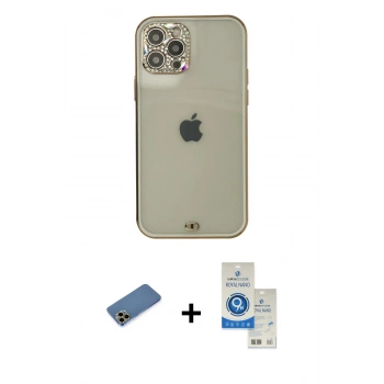 MARSİLYAN™- iPhone 12 Pro Max Kılıf Eksen Minimal Koleksiyonu - Şeffaf Royal Nano Ekran Koruyucu + Shine Kamera Lens Koruma Cam - GD