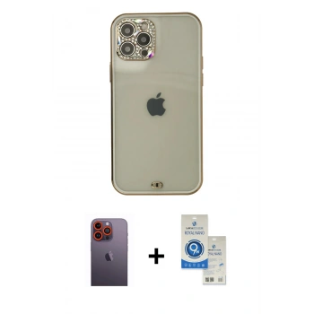 MARSİLYAN™- iPhone 12 Pro Max Kılıf Eksen Minimal Koleksiyonu - Şeffaf Royal Nano Ekran Koruyucu + Neon Fosforlu Kamera Lens - TU