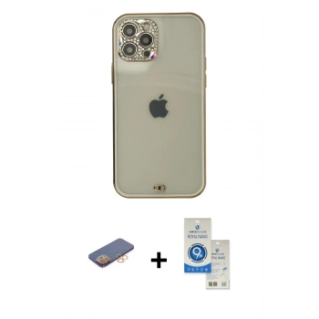 MARSİLYAN™- iPhone 12 Pro Max Kılıf Eksen Minimal Koleksiyonu - Şeffaf Royal Nano Ekran Koruyucu + Renkli Kamera Lens Koruma Cam - TU