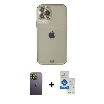 MARSİLYAN™- iPhone 12 Pro Max Kılıf Eksen Minimal Koleksiyonu - Şeffaf Royal Nano Ekran Koruyucu + Neon Fosforlu Kamera Lens - YL