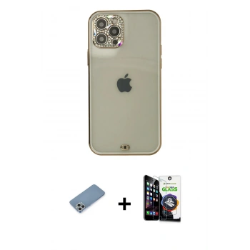 MARSİLYAN™- iPhone 12 Pro Max Kılıf Eksen Minimal Koleksiyonu - Şeffaf Temperli Cam Ekran Koruyucu + Shine Kamera Lens Koruma Cam - GS