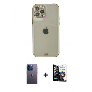 MARSİLYAN™- iPhone 12 Pro Max Kılıf Eksen Minimal Koleksiyonu - Şeffaf Temperli Cam Ekran Koruyucu + Neon Fosforlu Kamera Lens - MI