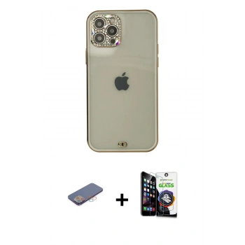 MARSİLYAN™- iPhone 12 Pro Max Kılıf Eksen Minimal Koleksiyonu - Şeffaf Temperli Cam Ekran Koruyucu + Renkli Kamera Lens Koruma Cam - PE