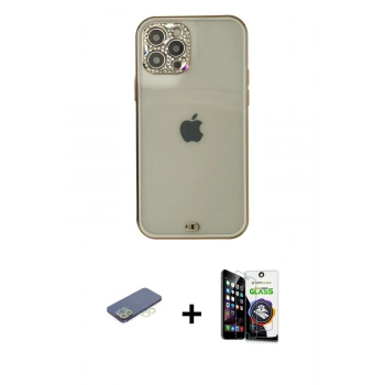 MARSİLYAN™- iPhone 12 Pro Max Kılıf Eksen Minimal Koleksiyonu - Şeffaf Temperli Cam Ekran Koruyucu + Renkli Kamera Lens Koruma Cam - YL