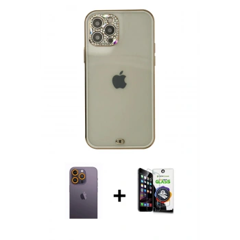 MARSİLYAN™- iPhone 12 Pro Max Kılıf Eksen Minimal Koleksiyonu - Şeffaf Temperli Cam Ekran Koruyucu + Neon Fosforlu Kamera Lens - SI