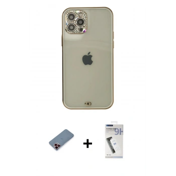 MARSİLYAN™- iPhone 12 Pro Max Kılıf Eksen Minimal Koleksiyonu - Şeffaf Uv Polymer Nano Ekran Koruyucu + Metal Kamera Lens Koruma Cam - KI
