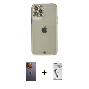 MARSİLYAN™- iPhone 12 Pro Max Kılıf Eksen Minimal Koleksiyonu - Şeffaf Uv Polymer Nano Ekran Koruyucu + Neon Fosforlu Kamera Lens - SI