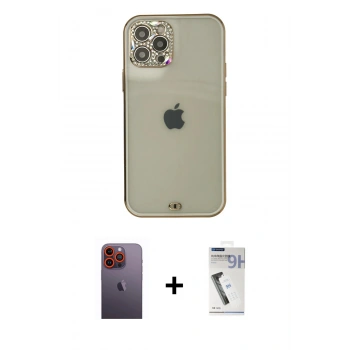 MARSİLYAN™- iPhone 12 Pro Max Kılıf Eksen Minimal Koleksiyonu - Şeffaf Uv Polymer Nano Ekran Koruyucu + Neon Fosforlu Kamera Lens - TU