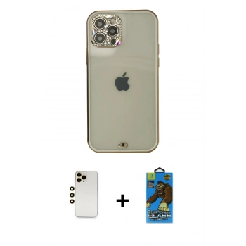 MARSİLYAN™- iPhone 12 Pro Max Kılıf Eksen Minimal Koleksiyonu - Siyah 18D Cam Ekran Koruyucu + Shine Kamera Lens - GD