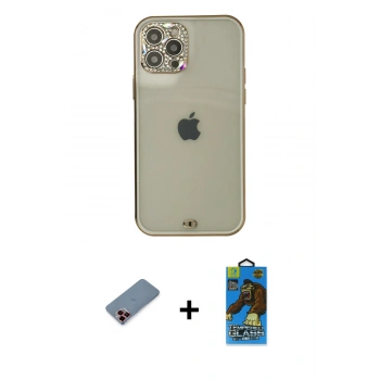 MARSİLYAN™- iPhone 12 Pro Max Kılıf Eksen Minimal Koleksiyonu - Siyah 18D Cam Ekran Koruyucu + Metal Kamera Lens Koruma Cam - KI
