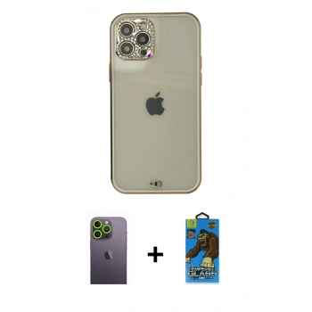 MARSİLYAN™- iPhone 12 Pro Max Kılıf Eksen Minimal Koleksiyonu - Siyah 18D Cam Ekran Koruyucu + Neon Fosforlu Kamera Lens - YL
