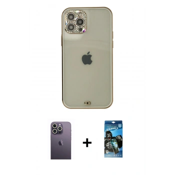 MARSİLYAN™- iPhone 12 Pro Max Kılıf Eksen Minimal Koleksiyonu - Siyah 34D Izgaralı Cam + Neon Fosforlu Kamera Lens - BZ