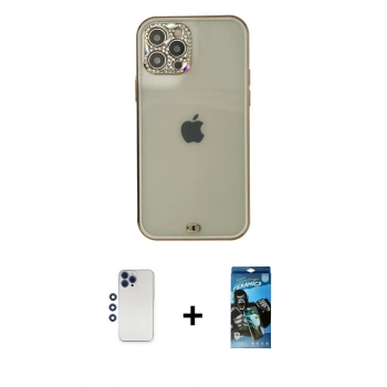 MARSİLYAN™- iPhone 12 Pro Max Kılıf Eksen Minimal Koleksiyonu - Siyah 34D Izgaralı Cam + Shine Kamera Lens - LT