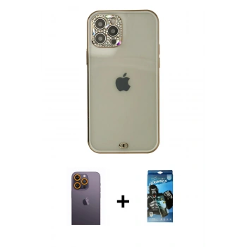 MARSİLYAN™- iPhone 12 Pro Max Kılıf Eksen Minimal Koleksiyonu - Siyah 34D Izgaralı Cam + Neon Fosforlu Kamera Lens - SI