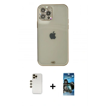 MARSİLYAN™- iPhone 12 Pro Max Kılıf Eksen Minimal Koleksiyonu - Siyah 34D Izgaralı Cam + Shine Kamera Lens - GD