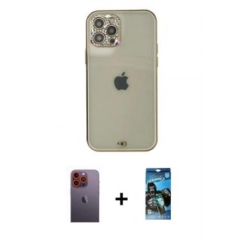 MARSİLYAN™- iPhone 12 Pro Max Kılıf Eksen Minimal Koleksiyonu - Siyah 34D Izgaralı Cam + Neon Fosforlu Kamera Lens - TU