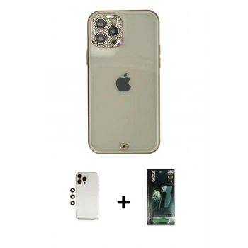 MARSİLYAN™- iPhone 12 Pro Max Kılıf Eksen Minimal Koleksiyonu - Siyah 360 Mat Full Body Arka Koruyucu + Shine Kamera Lens - GD