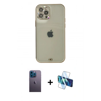 MARSİLYAN™- iPhone 12 Pro Max Kılıf Eksen Minimal Koleksiyonu - Siyah 3D Antistatik Cam Ekran Koruyucu + Neon Fosforlu Kamera Lens - MI