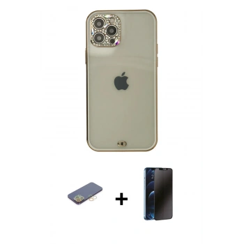 MARSİLYAN™- iPhone 12 Pro Max Kılıf Eksen Minimal Koleksiyonu - Siyah 3D Antistatik Hayalet Cam Ekran Koruyucu + Renkli Kamera Lens Koruma Cam - SI