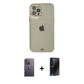 MARSİLYAN™- iPhone 12 Pro Max Kılıf Eksen Minimal Koleksiyonu - Siyah 3D Antistatik Hayalet Cam Ekran Koruyucu + Neon Fosforlu Kamera Lens - BZ